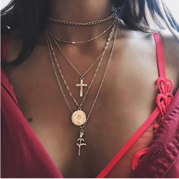 Jewelry - Layered Cross, Coin, and Rose Gold Necklace